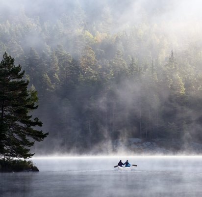 Paddla kanot sjö i dimman